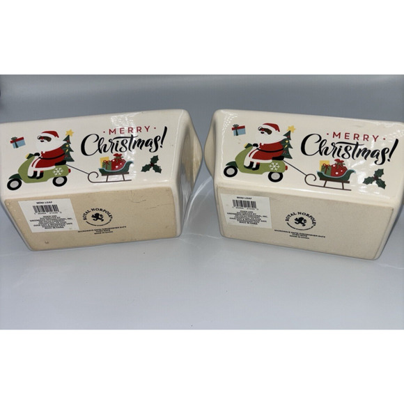 Mini Loaf Pans Set of 2 Holiday Merry Christmas Stoneware Baking Dishes Unused - Picture 2 of 8